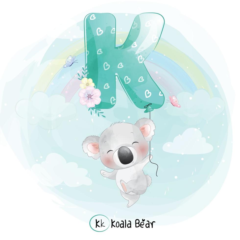 lindo oso koala con ilustración de globo alfabeto k vector