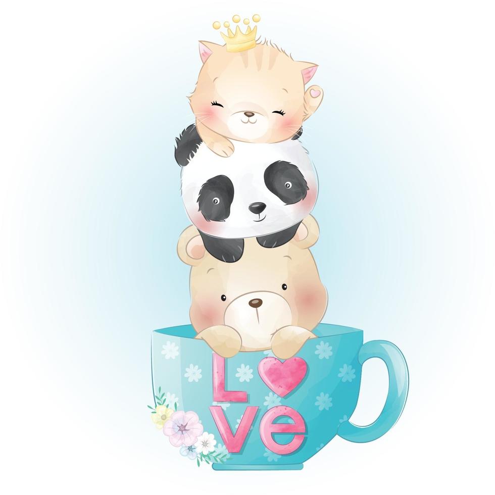 lindos animales sentados dentro de la taza ilustración vector