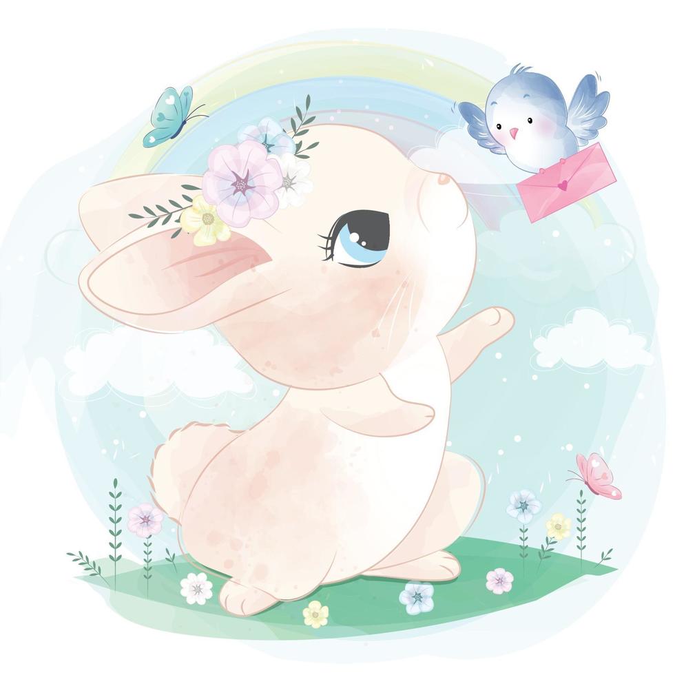 Cute bunny with bird illustration vector