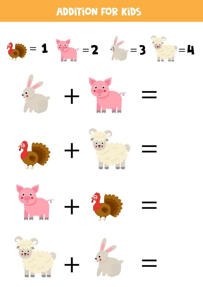 Addition game with cute cartoon farm animals. Math game for kids. vector