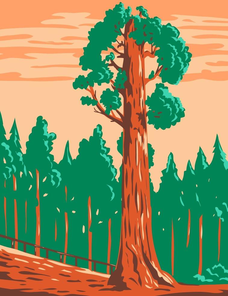 el árbol de concesión general, una secuoya gigante en el parque nacional kings canyon, california wpa poster art vector