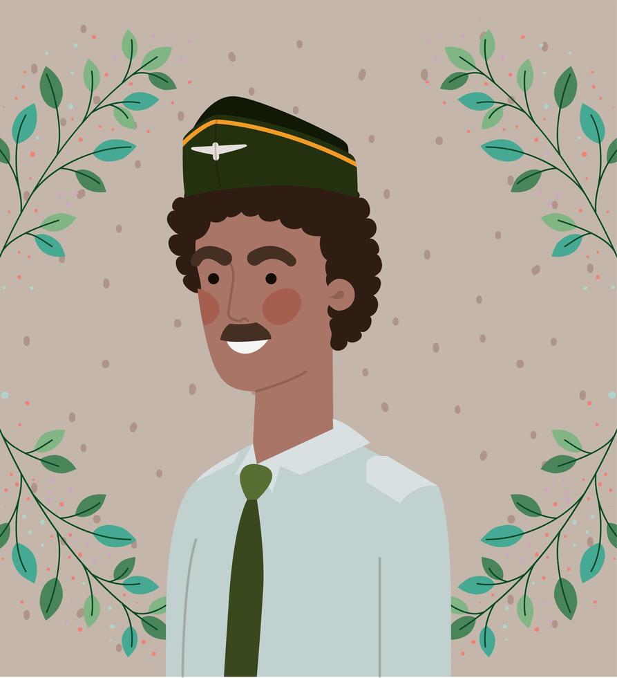 military afro man with leafs wreath frame vector