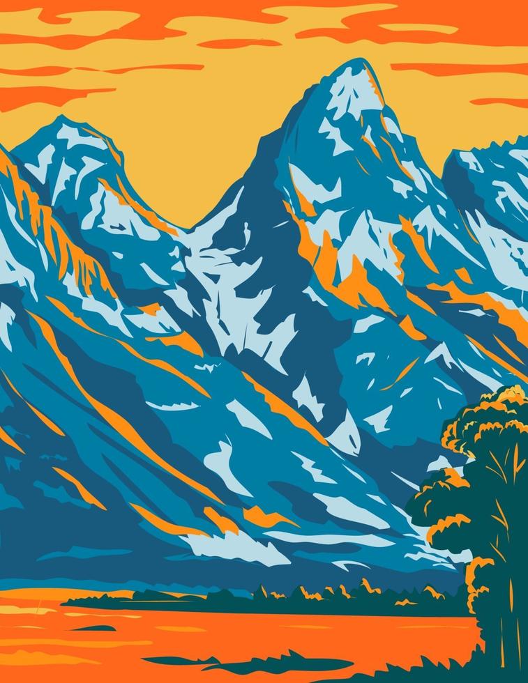 Snowcapped Peaks of Grand Teton National Park. Located in Wyoming United States of America WPA Poster Art vector