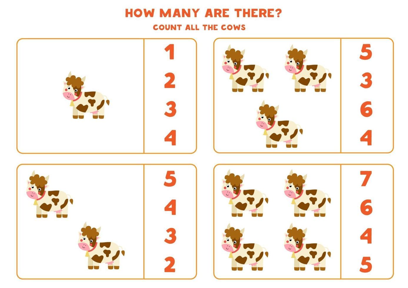 Counting game with farm cows. Math worksheet. vector