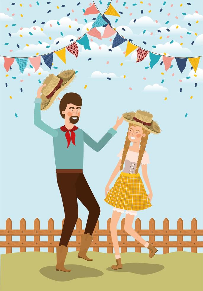 farmers couple celebrating with garlands and fence vector