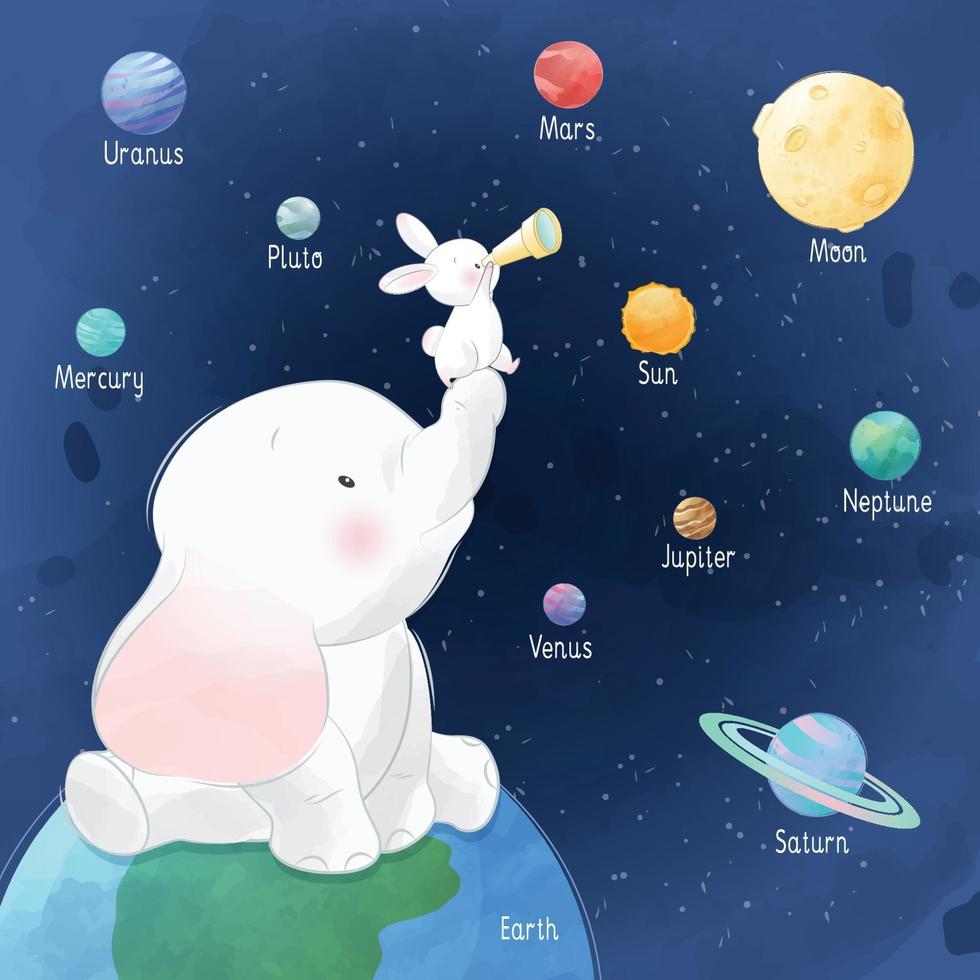 Cute little bunny and elephant looking at space illustration vector