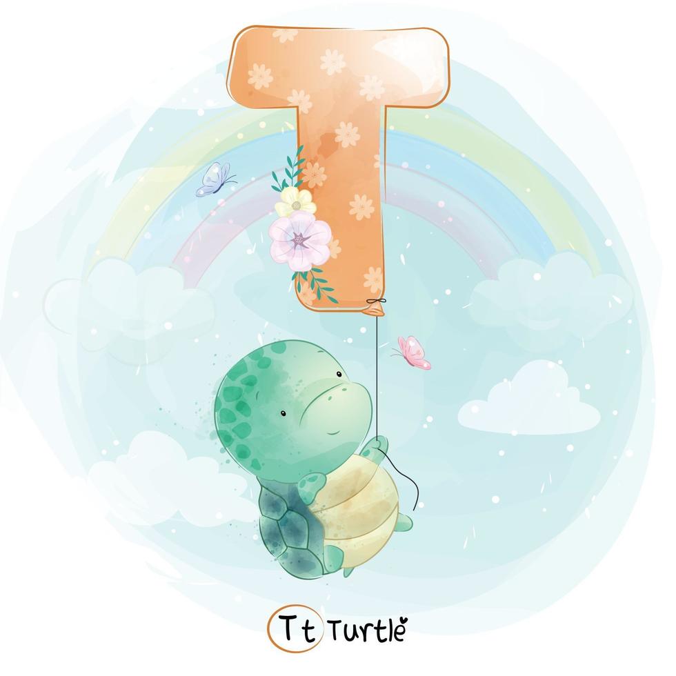 Linda tortuga con ilustración de globo de alfabeto t vector