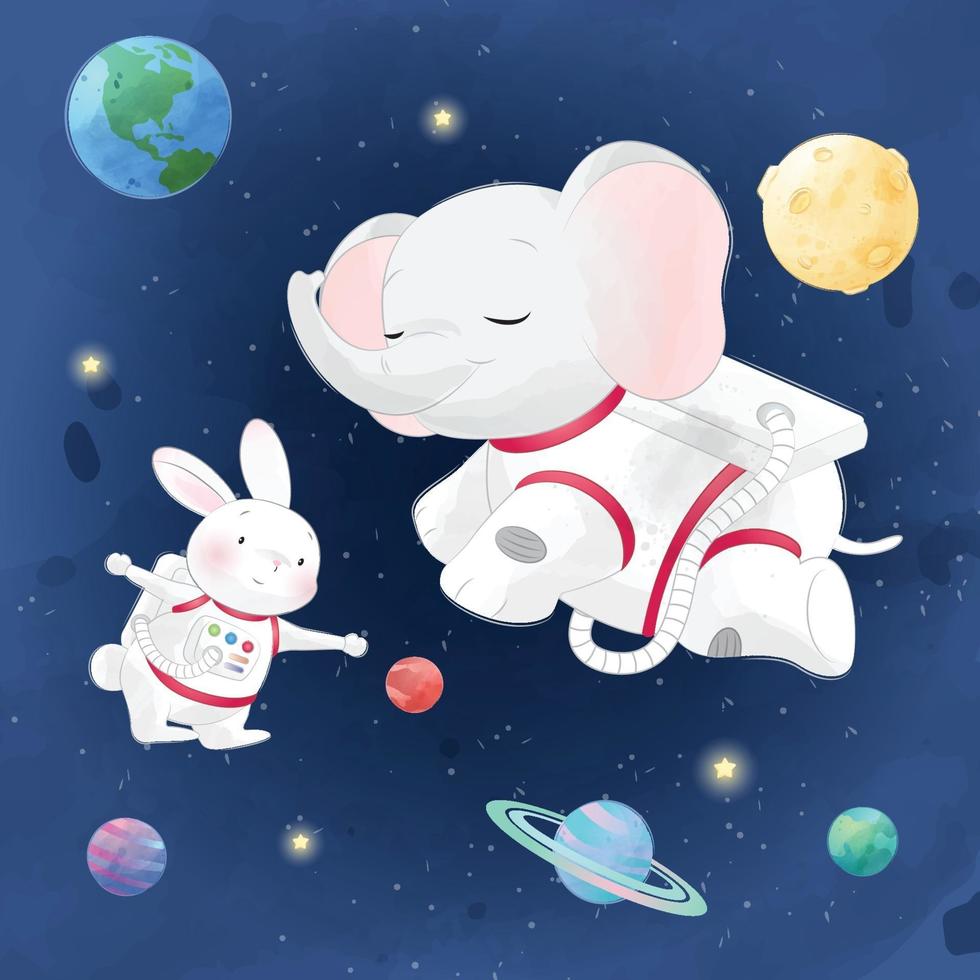 Cute little bunny with elephant in space illustration vector