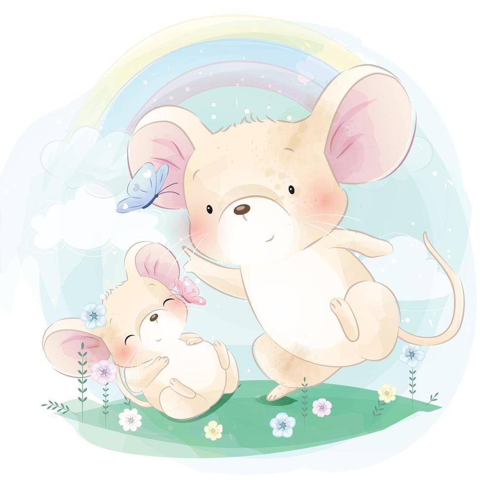 Cute mouse with floral illustration vector