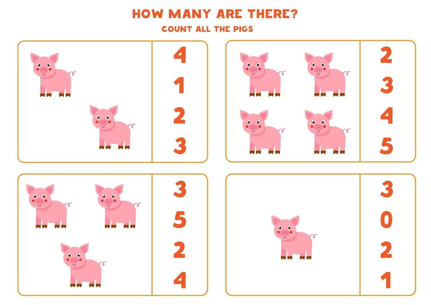 Counting game with farm pigs. Math worksheet. vector