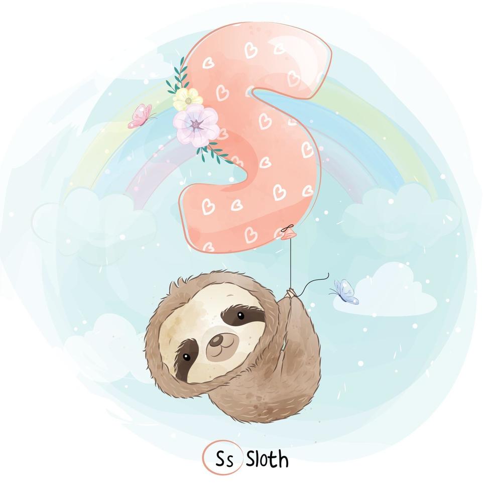 Cute sloth with alphabet S balloon illustration vector