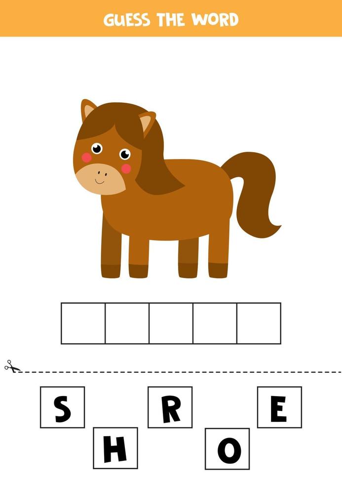 Spelling game for kids. Cartoon farm horse. vector