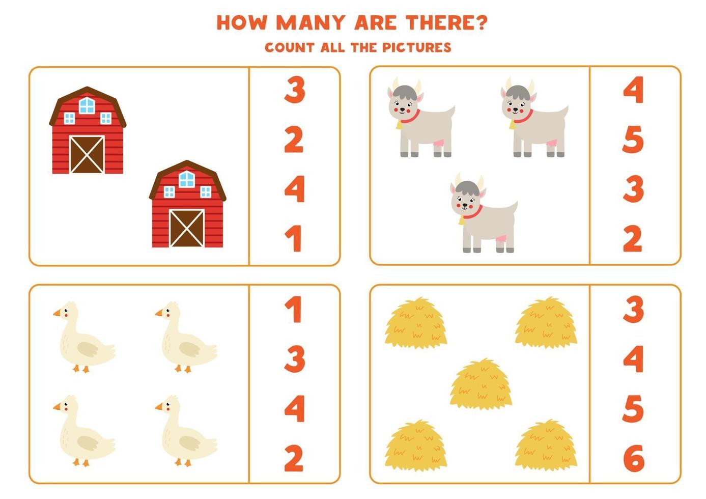 Counting game with farmhouse and animals. Math worksheet. vector