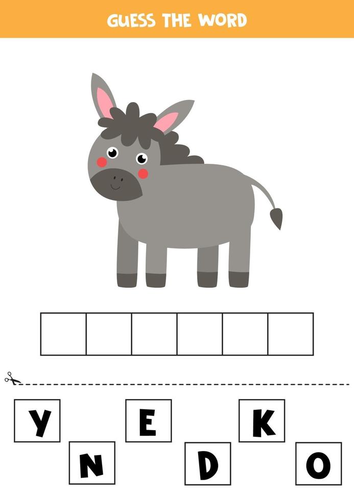 Spell the word donkey. Vector illustration of cute donkey. Spelling game for kids.