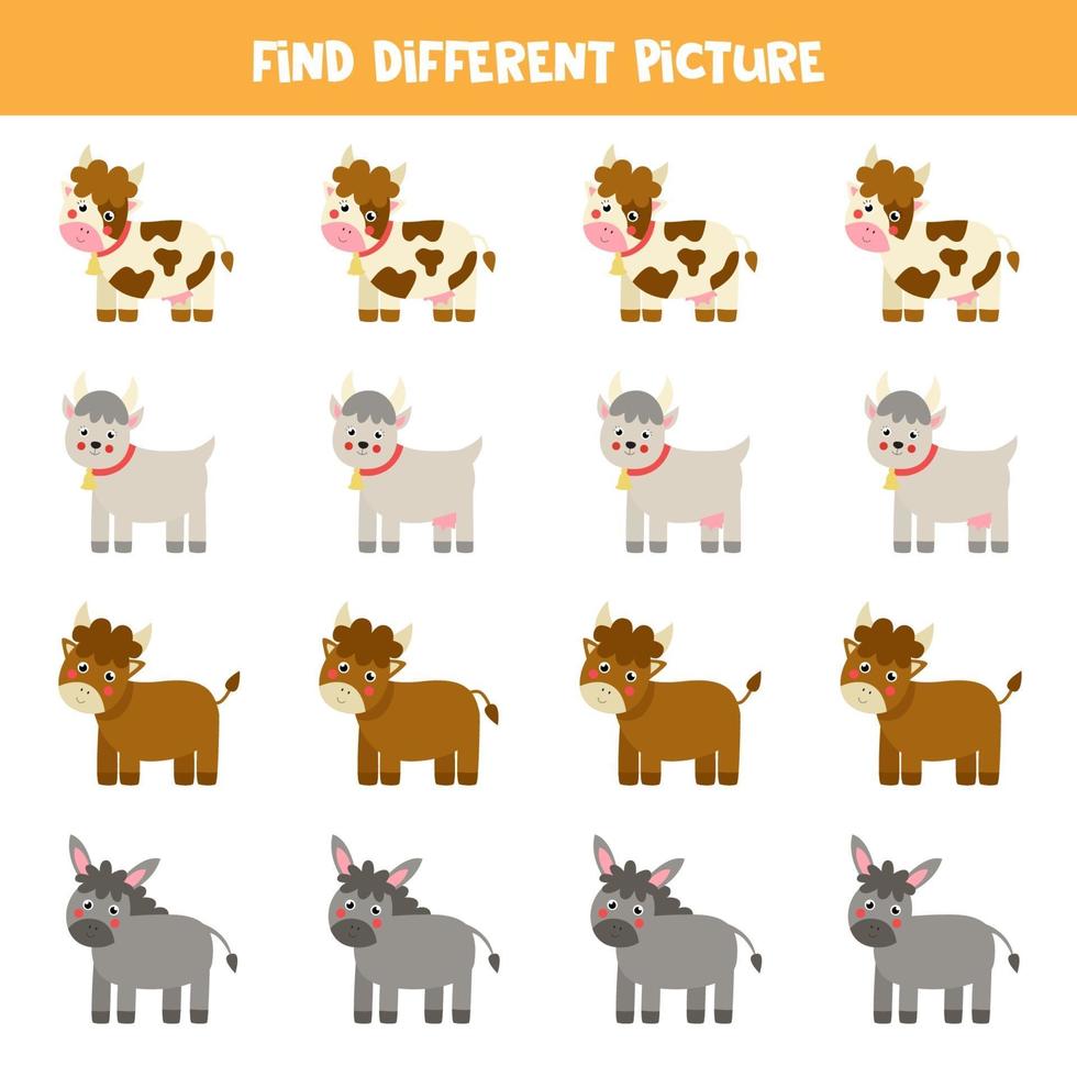 Find animal which is different from others. Farm themed worksheet. vector