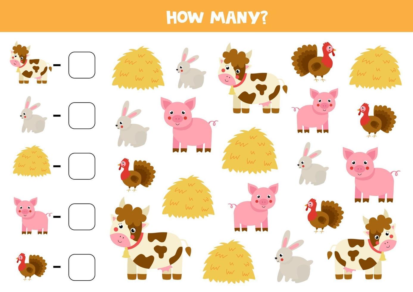 Counting game with hay and farm animals. Math worksheet. vector