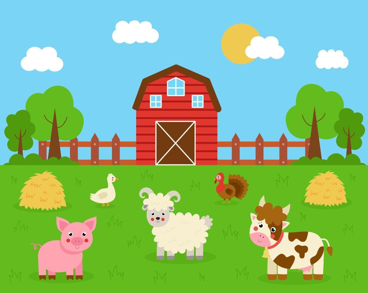 linda vaca, pavo, cerdo, oveja y ganso en el paisaje de la granja. vector