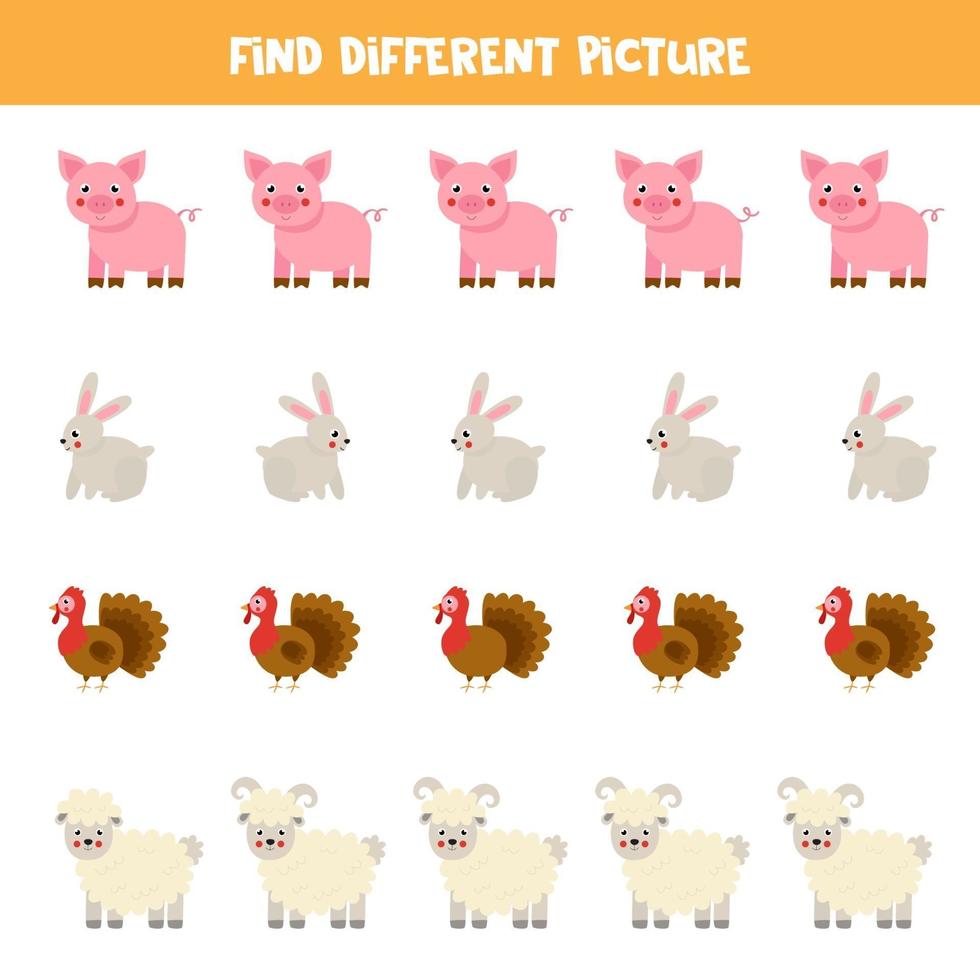 Find animal which is different from others. Farm themed worksheet. vector