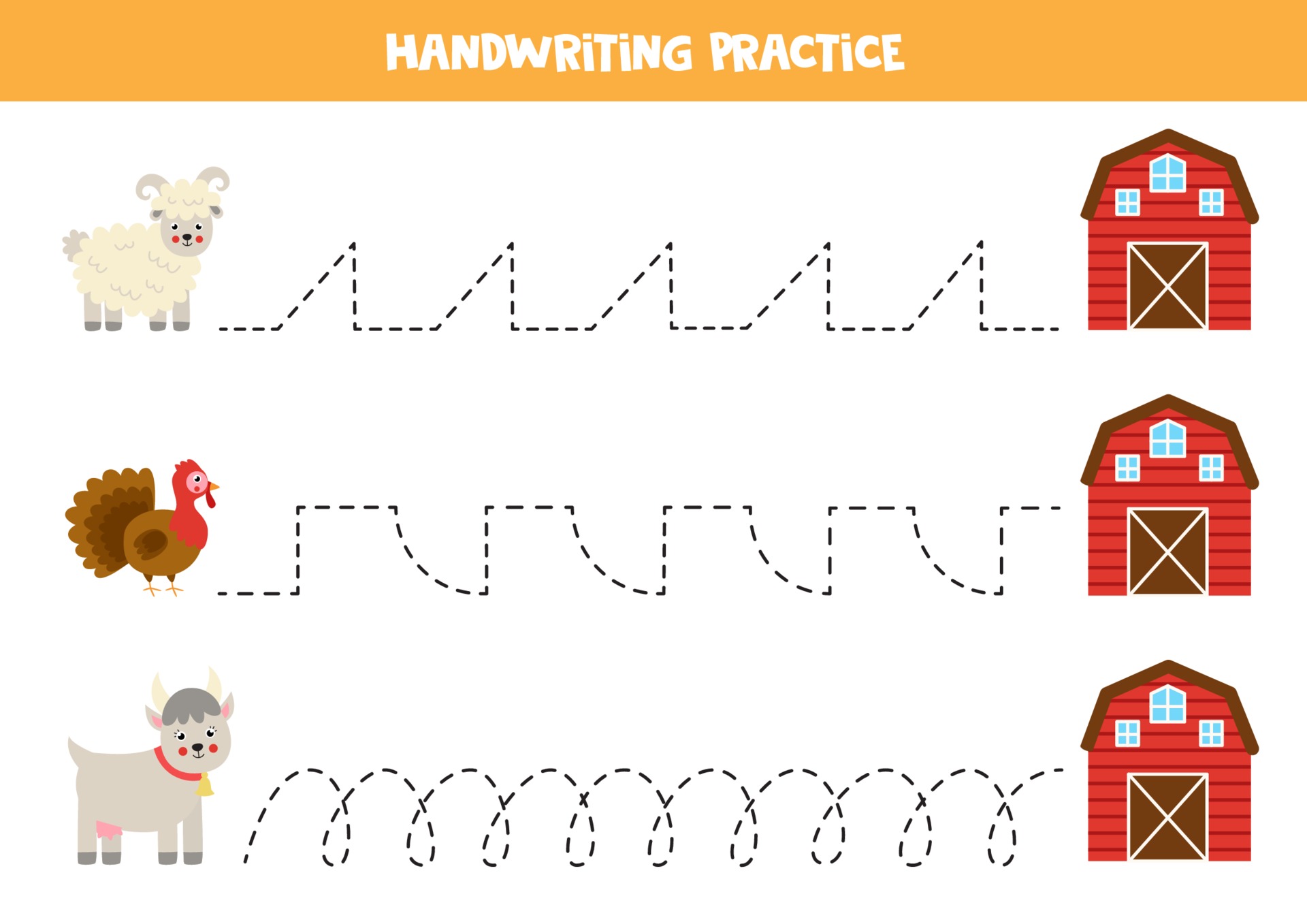 Trace the lines with farm animals. Writing practice. 2069398 Vector Art at  Vecteezy
