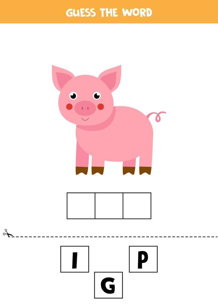 juego de ortografía para niños. cerdo de dibujos animados lindo. vector