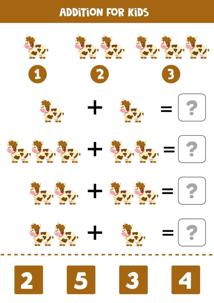 Addition game with cute cartoon farm cow. Math game for kids. vector