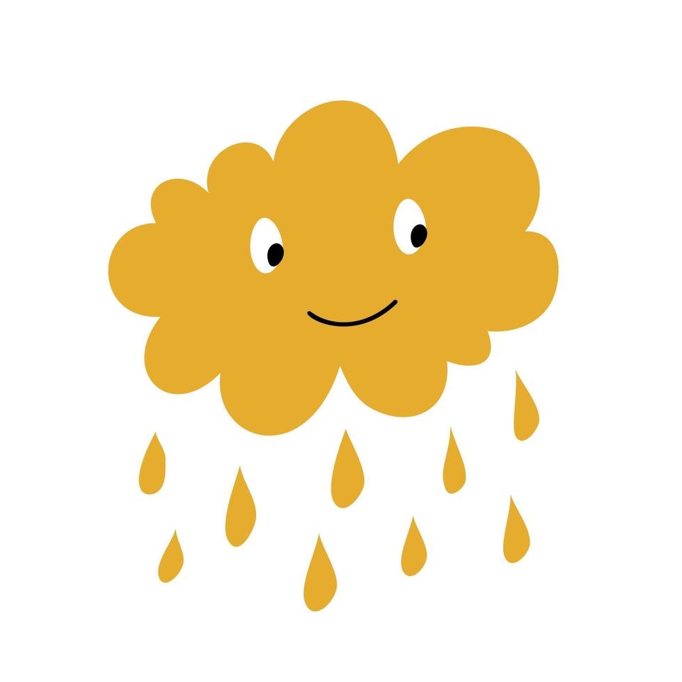 Cute happy cartoon cloud with rain drops isolated on white background. Kids image for greeting card or poster, holiday banner, scrapbook. vector