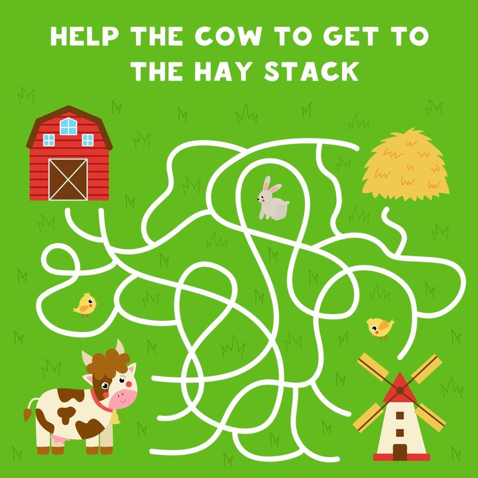 Maze with cartoon cow and hay stack. Logical game for kids. vector