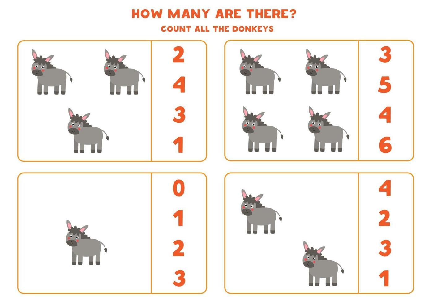 Counting game with farm donkeys. Math worksheet. vector