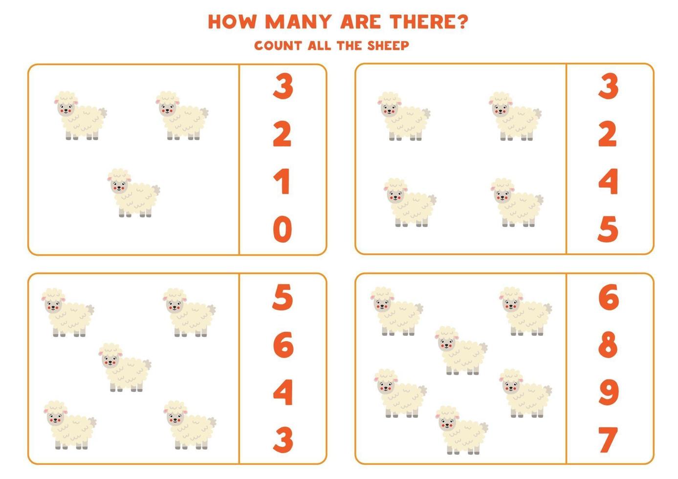 Counting game with farm sheep. Math worksheet. vector