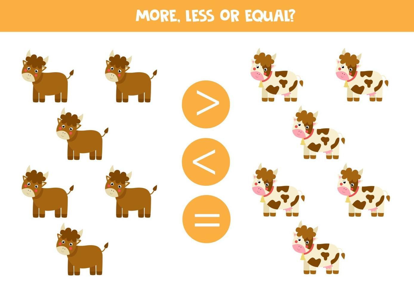 More, less, equal with cartoon cows and bulls. vector