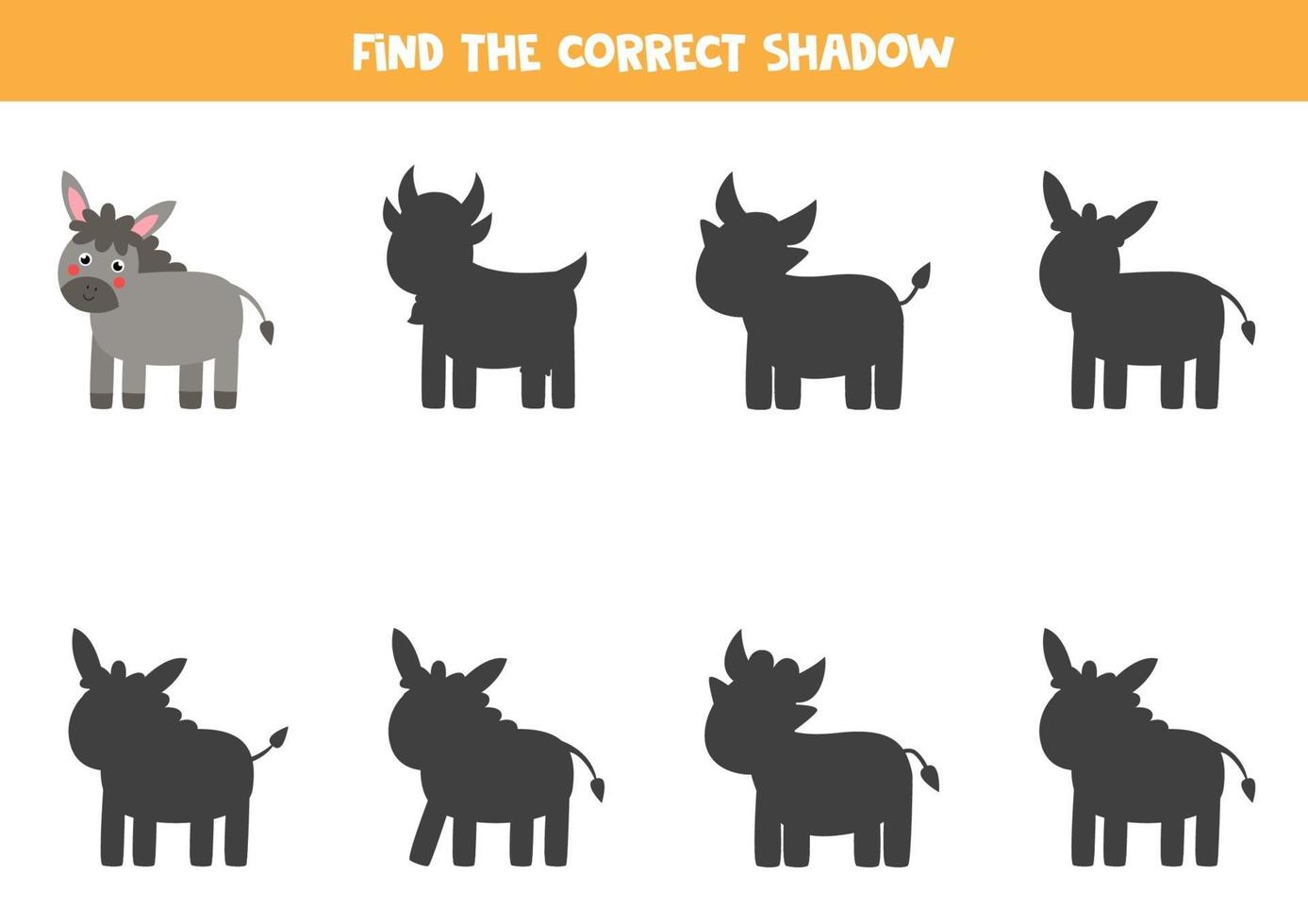 encuentra la sombra correcta del lindo burro. rompecabezas lógico para niños. vector