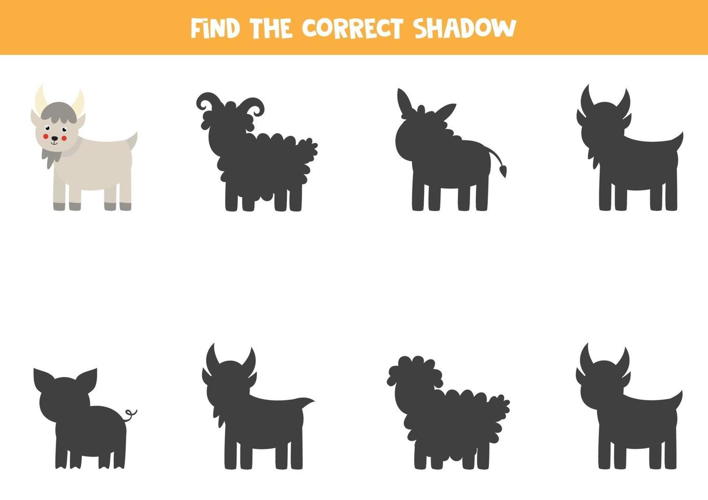 Find the correct shadow of farm goat. Logical puzzle for kids. vector