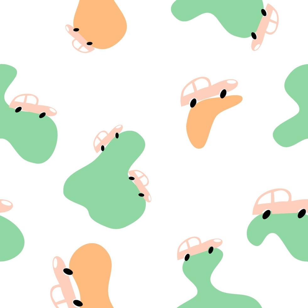 Vector pastel color doodle scandinavian cars. Seamless baby boy pattern. Texture for wallpaper, fills, web page background.