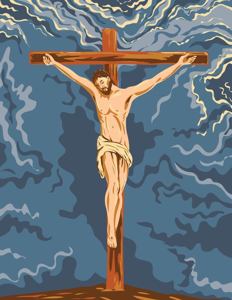 Jesucristo crucificado en la cruz durante la crucifixión, arte del cartel de la wpa vector