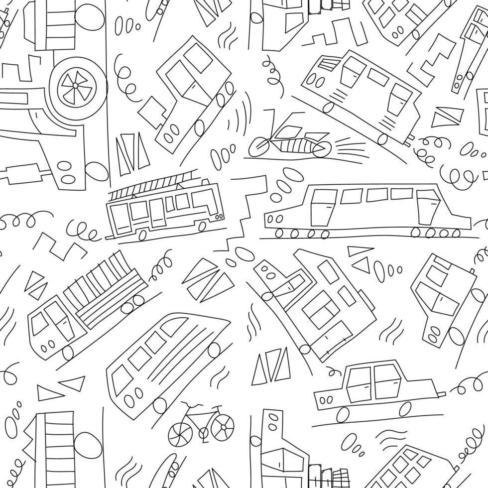 Vector black and white doodle monoline cars. Seamless baby boy pattern monoline. Texture for wallpaper, fills, web page background.