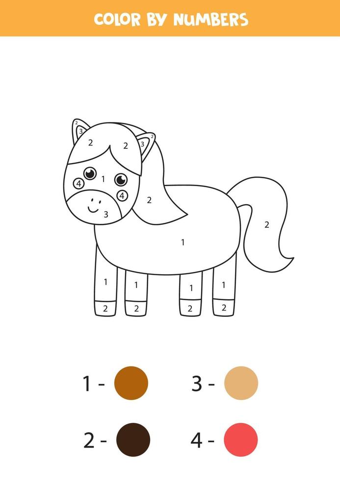 Color cute horse by numbers. Farm animal worksheet. vector