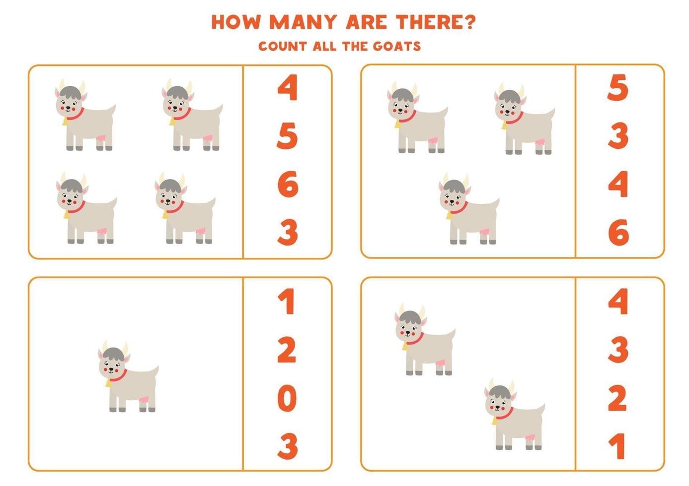 Counting game with farm goats. Math worksheet. vector