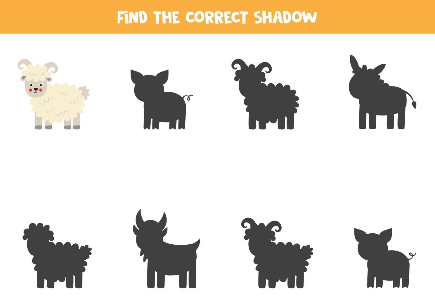 encuentra la sombra correcta de las ovejas de la granja. rompecabezas lógico para niños. vector
