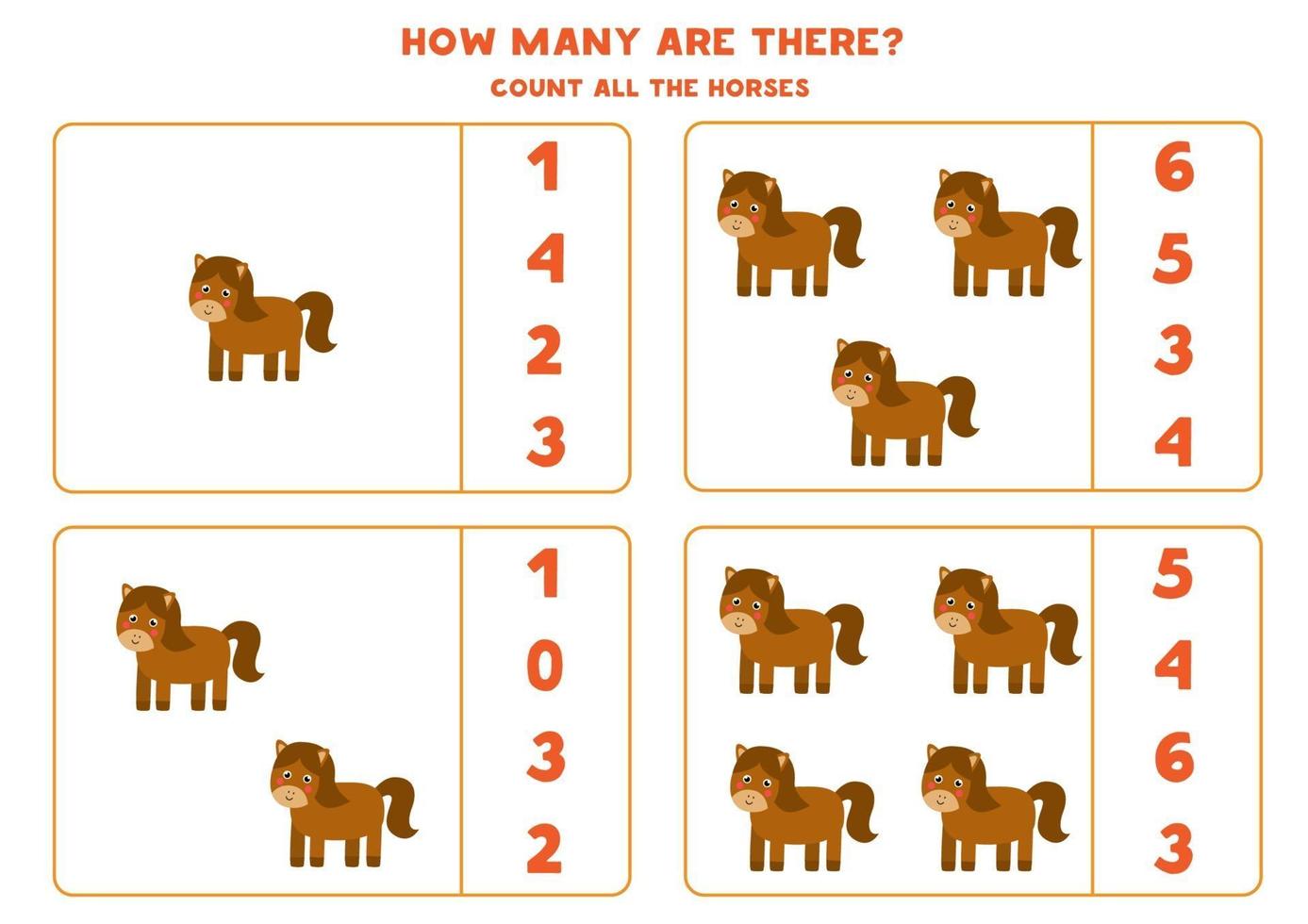 Counting game with farm horses. Math worksheet. vector