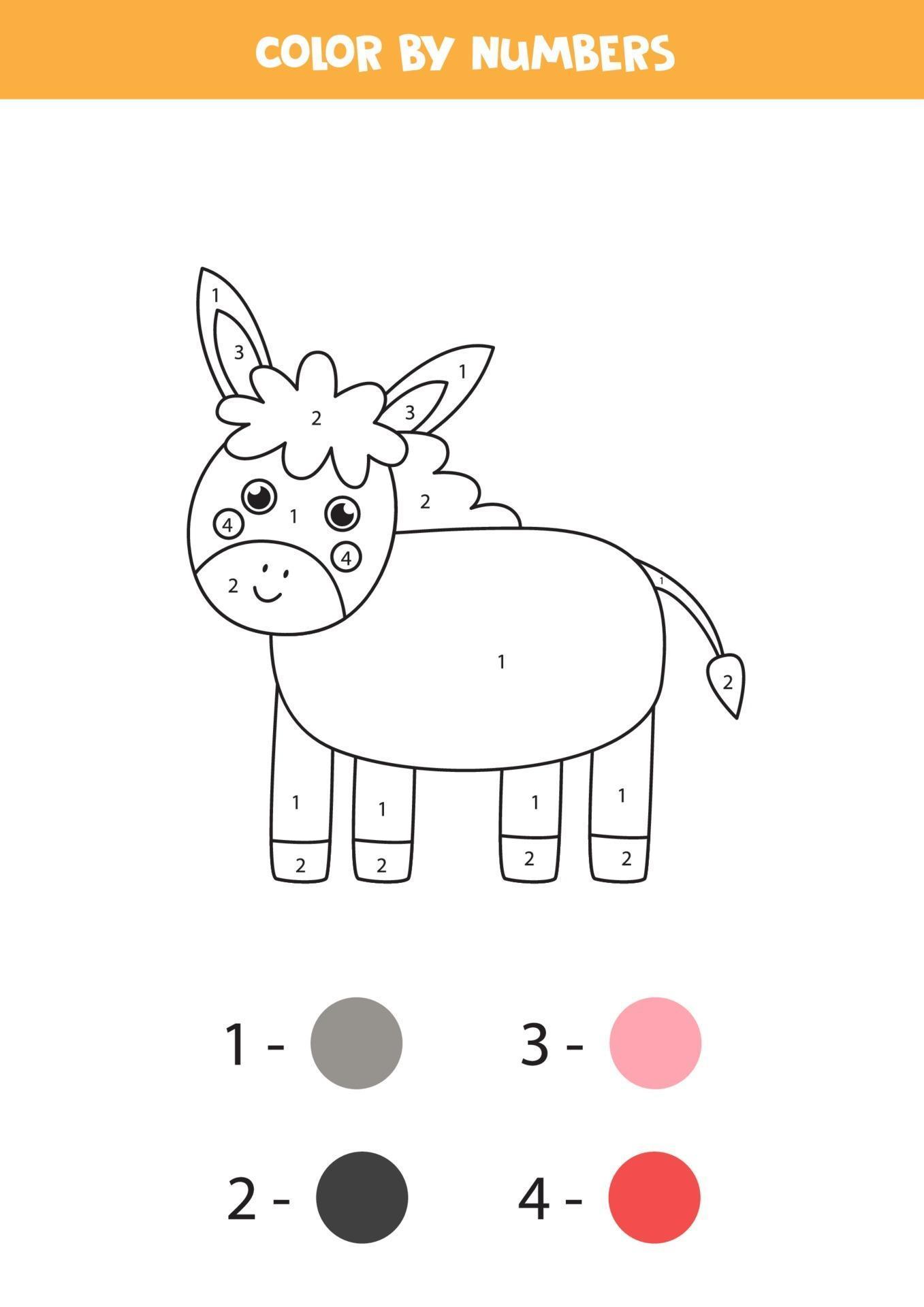color-cute-donkey-by-numbers-farm-animal-worksheet-2069553-vector-art