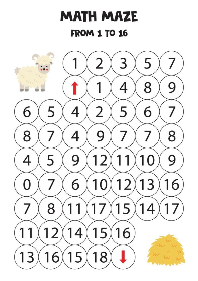 Get cute sheep to the hay by counting to 16. vector