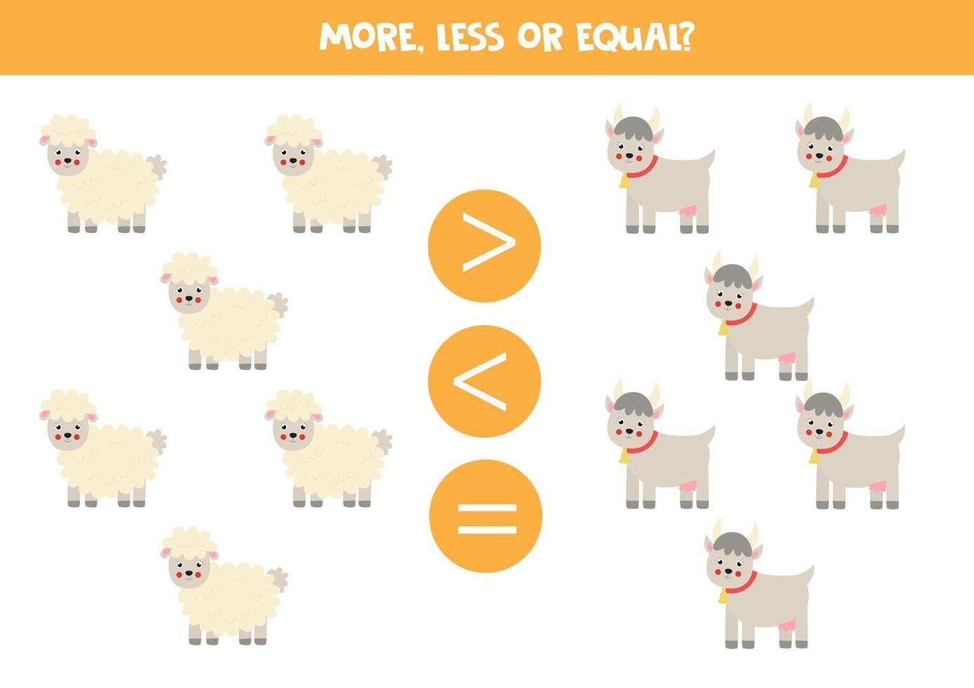 More, less, equal with cartoon sheep and goats. vector