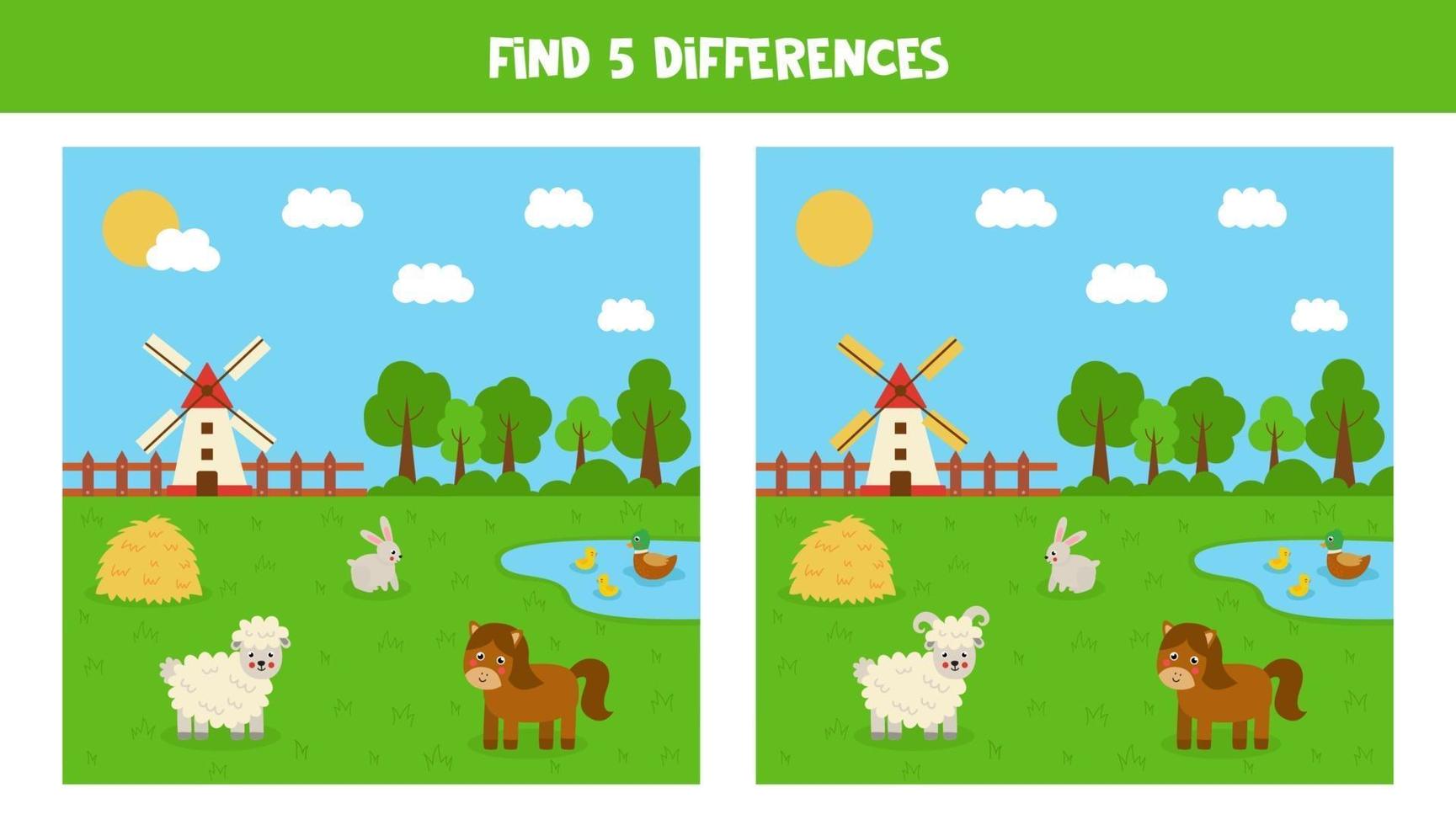 Find 5 differences between farm pictures. Game for kids. vector