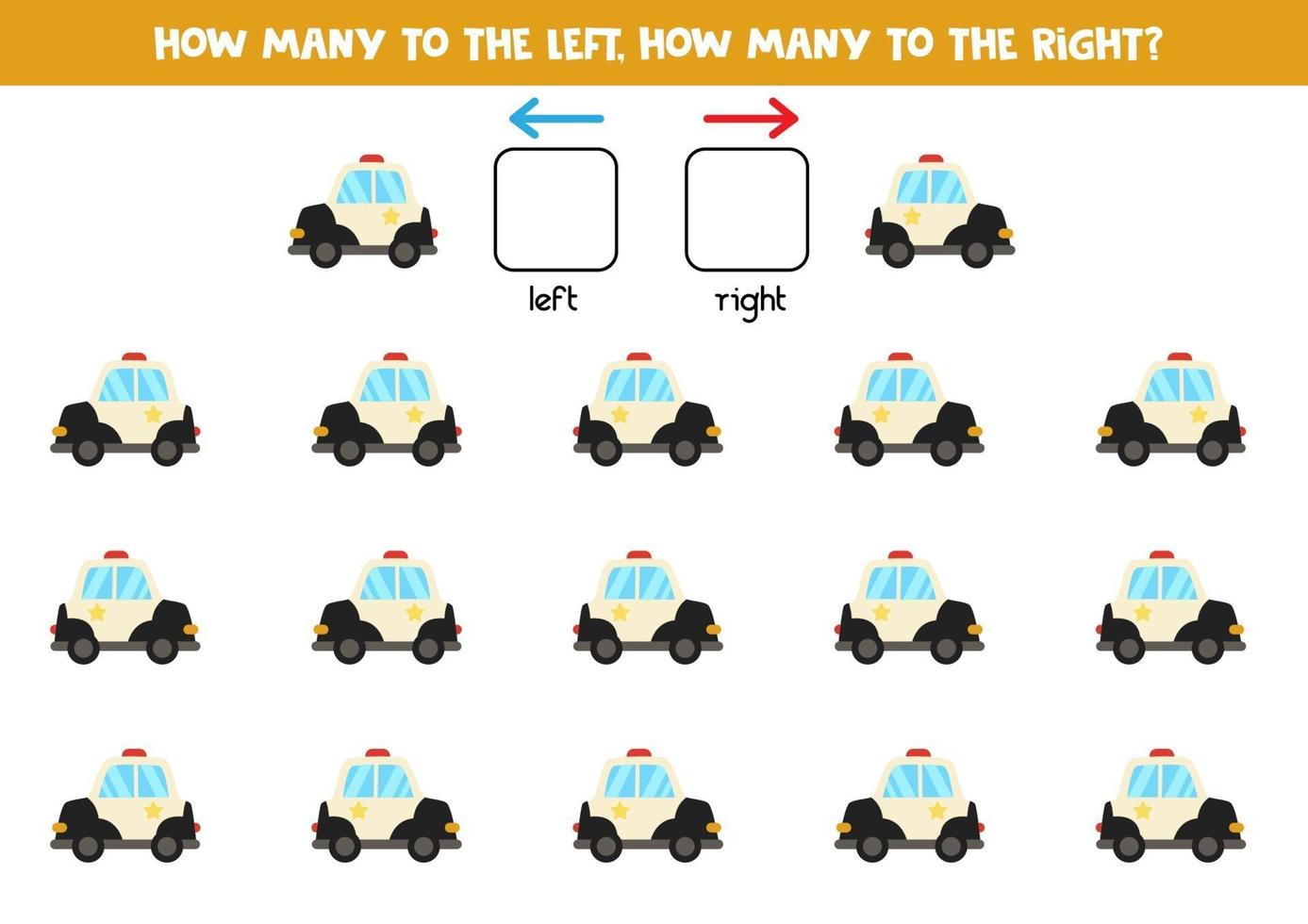 Left or right with police car. Logical worksheet for preschoolers. vector