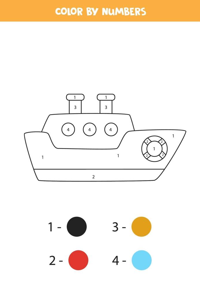 nave de dibujos animados de color por números. hoja de trabajo de transporte. vector