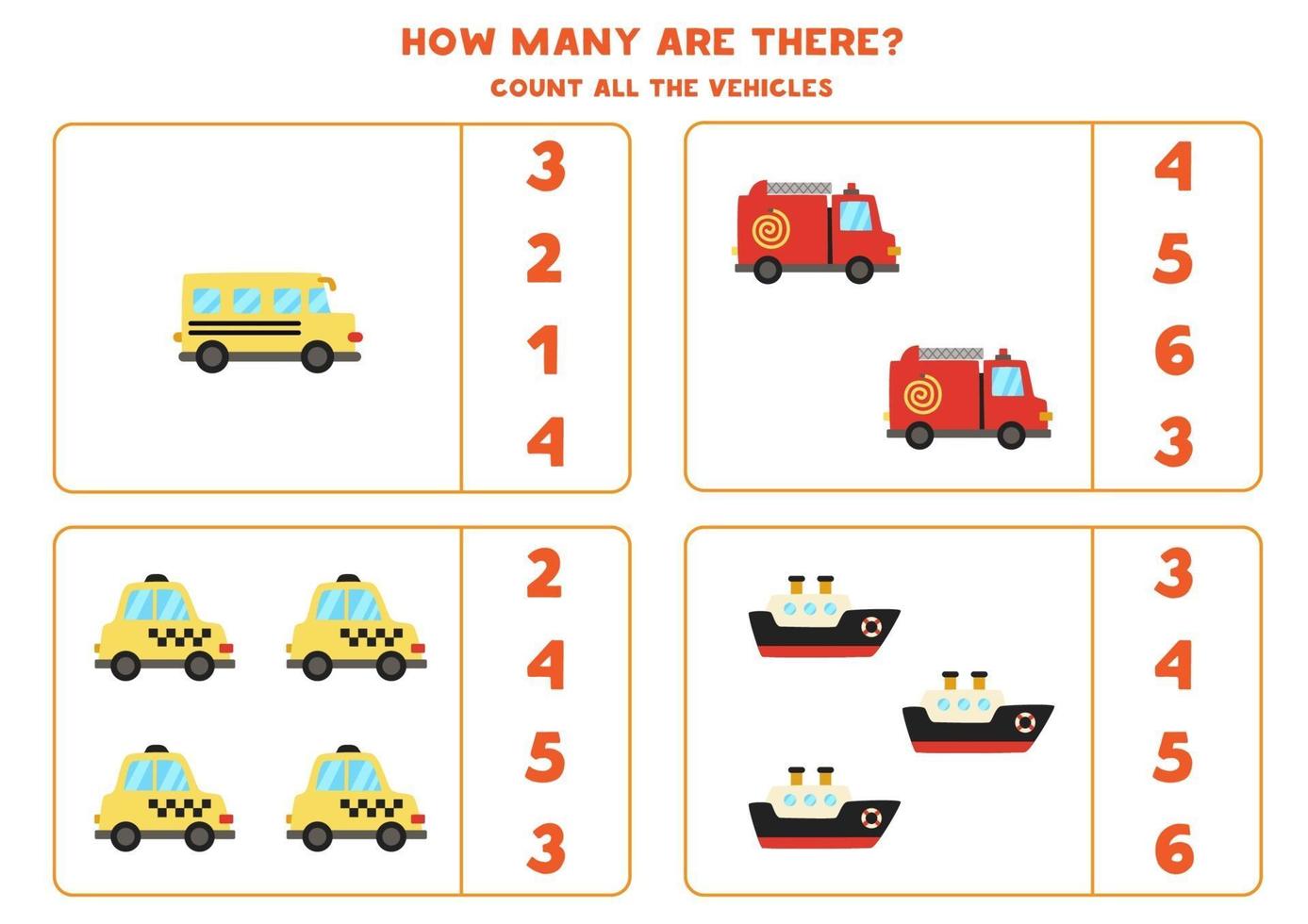 juego de matematicas. contar todos los vehículos. juegos temáticos de transporte. vector