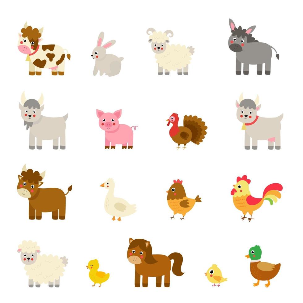 conjunto de animales de granja de dibujos animados lindo. ilustraciones vectoriales. vector