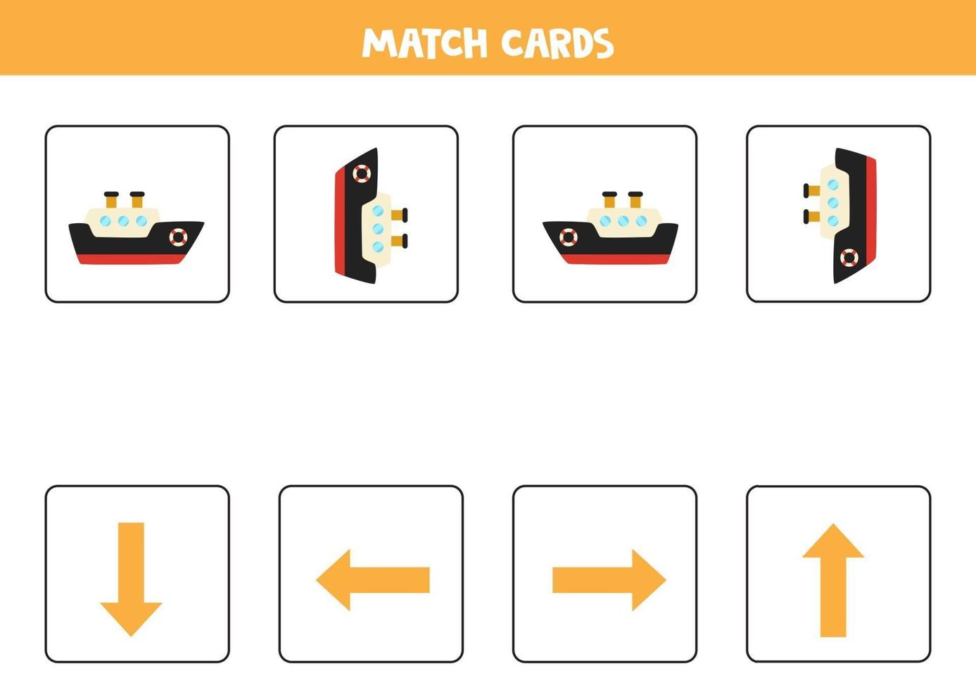 izquierda, derecha, arriba o abajo. Orientación espacial con barco de dibujos animados. vector