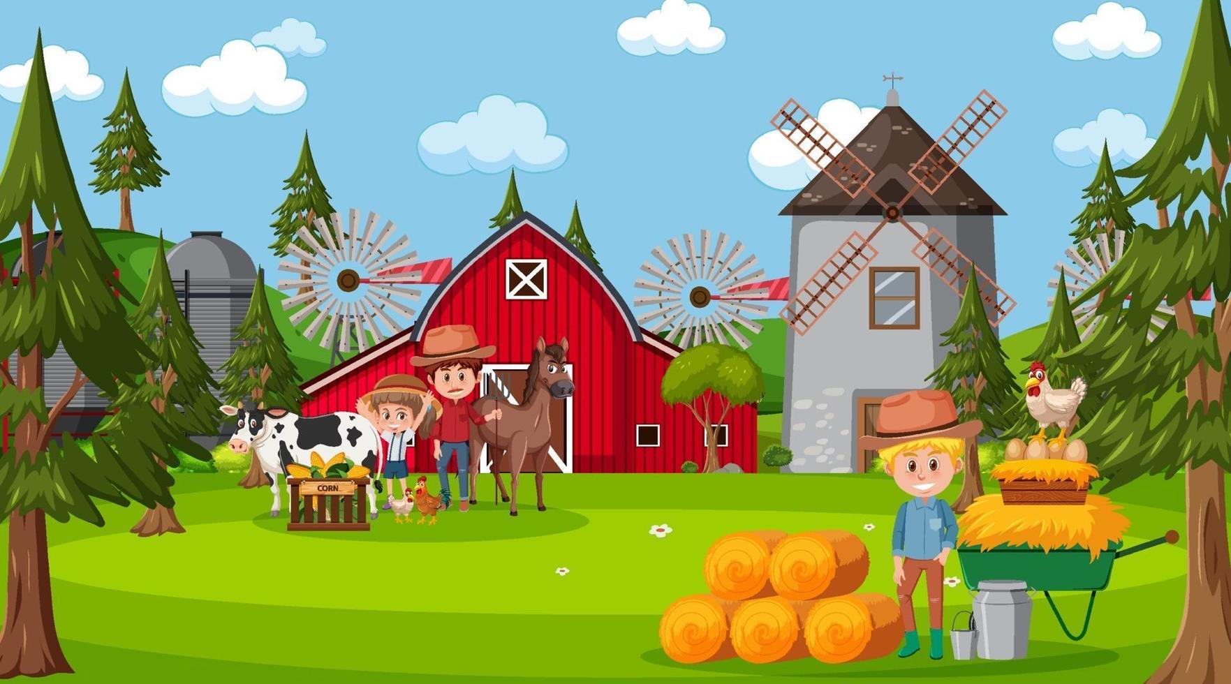 escena de la granja con muchos niños y animales de granja. vector