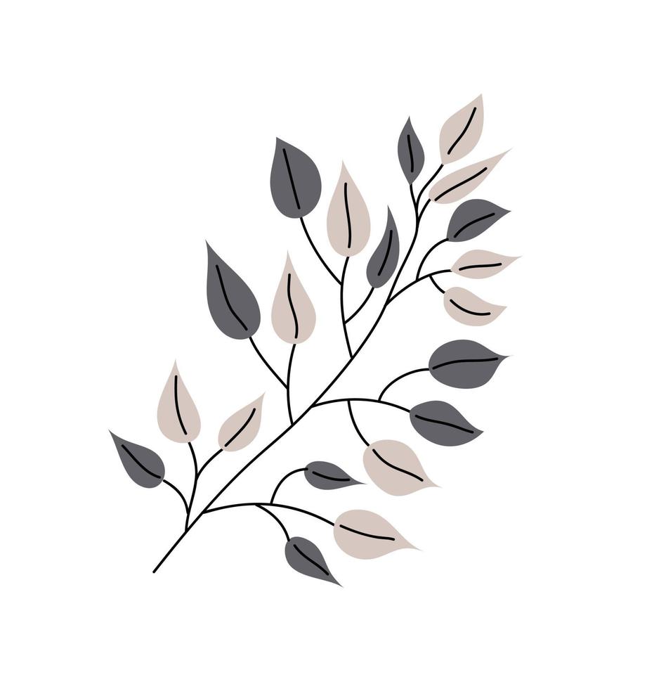 Tree branch with leaves over white background. Vector graphic scandinavian illustration. Artwork design element for kids design greeting card, textile, wallpaper, poster or banner.